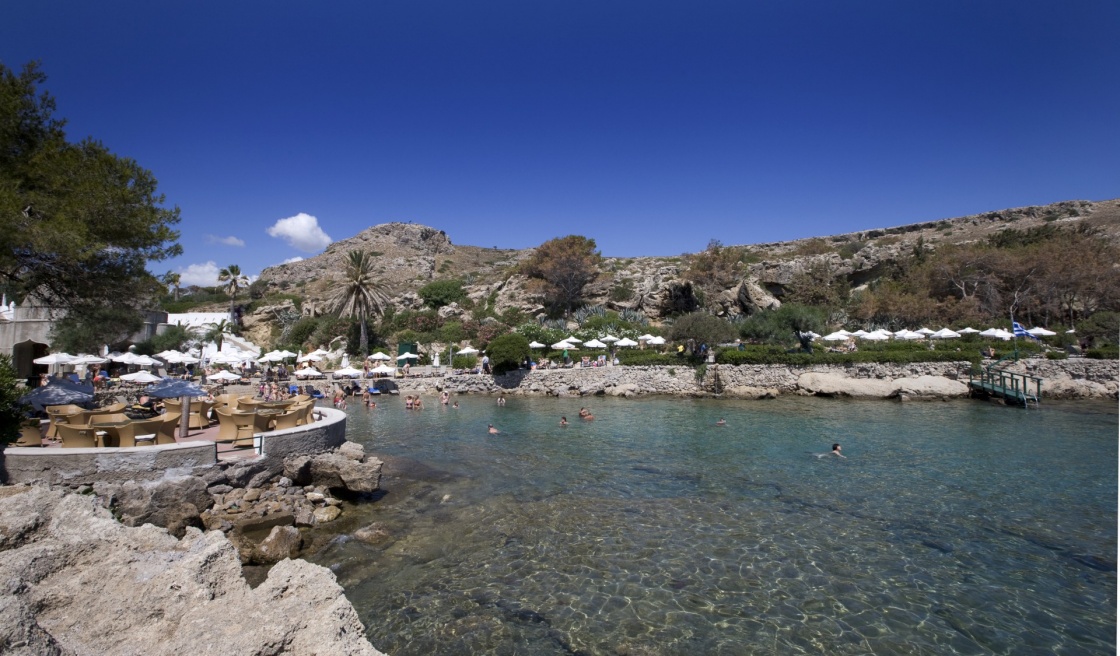 The beautiful beach at Kalithea Springs in island of Rhodes, Greece